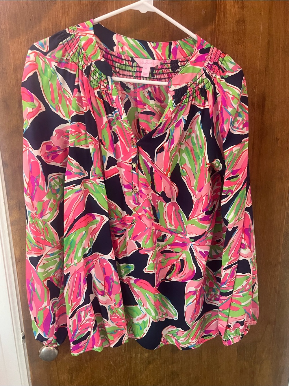 Lilly Pulitzer Elsa Top Navy Top with Pink & Green Abstract Floral